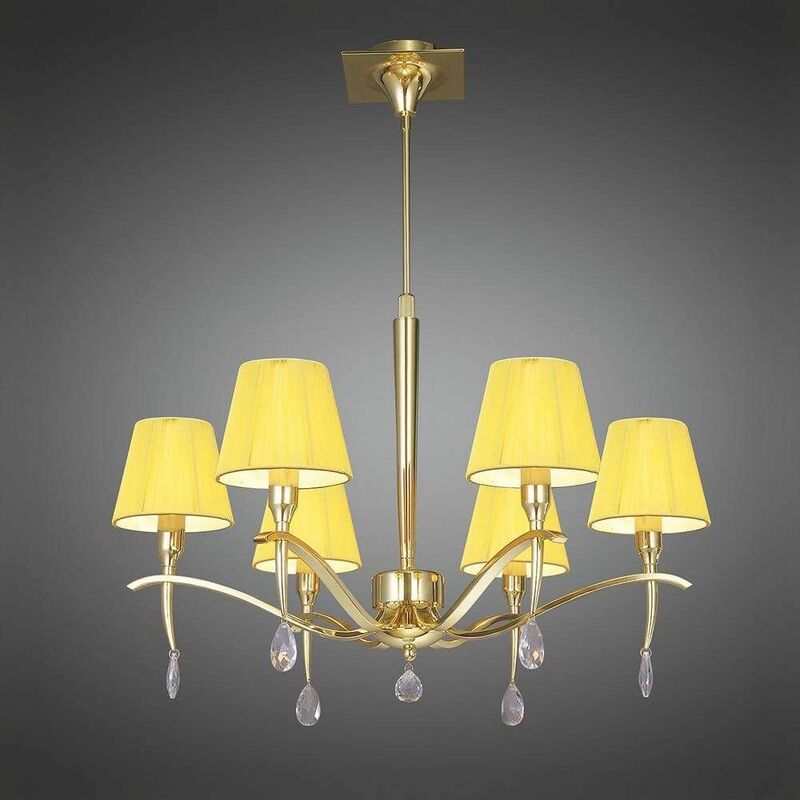 09diyas - Siena pendant light round 6 Bulbs E14, polished brass with amber cream shade and clear crystal