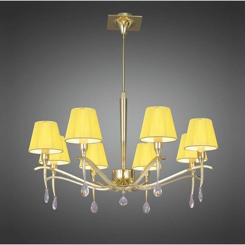 Siena pendant light round 8 Bulbs E14, polished brass with amber cream shade and transparent crystal