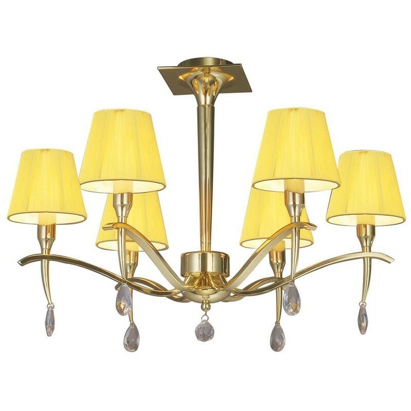 Inspired Mantra - Siena PB - Semi Flush Ceiling Round 6 Light E14, Polished Brass with Amber Cream Shades And Clear Crystal