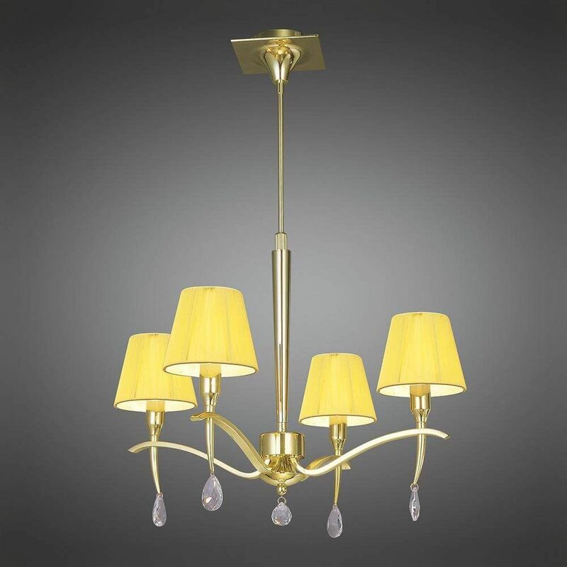 09diyas - Siena round pendant lamp 4 Bulbs E14, polished brass with amber cream shade and clear crystal