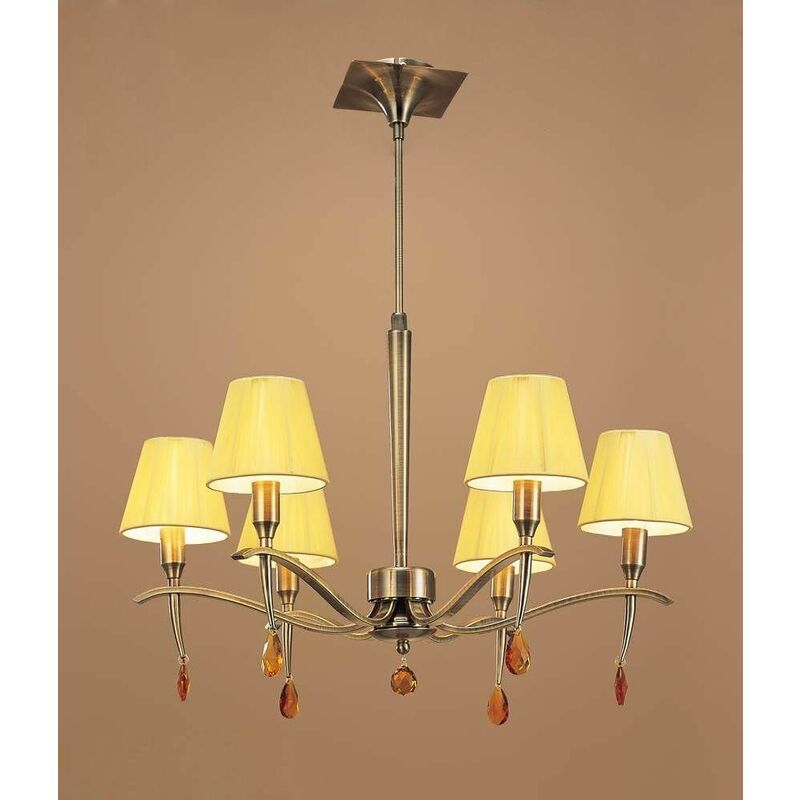 09diyas - Siena round pendant lamp 6 Bulbs E14, antique brass with amber cream and crystal amber lampshades