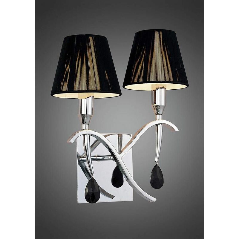 09diyas - Siena wall light with switch 2 Bulbs E14, polished chrome with black lampshade and black crystal