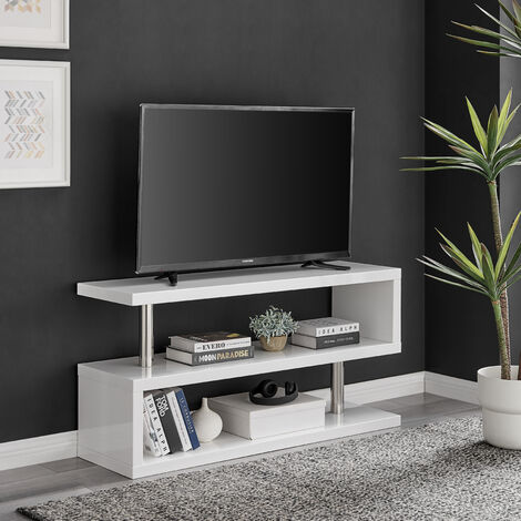 main image of "Siena White High Gloss And Chrome Metal TV Stand"