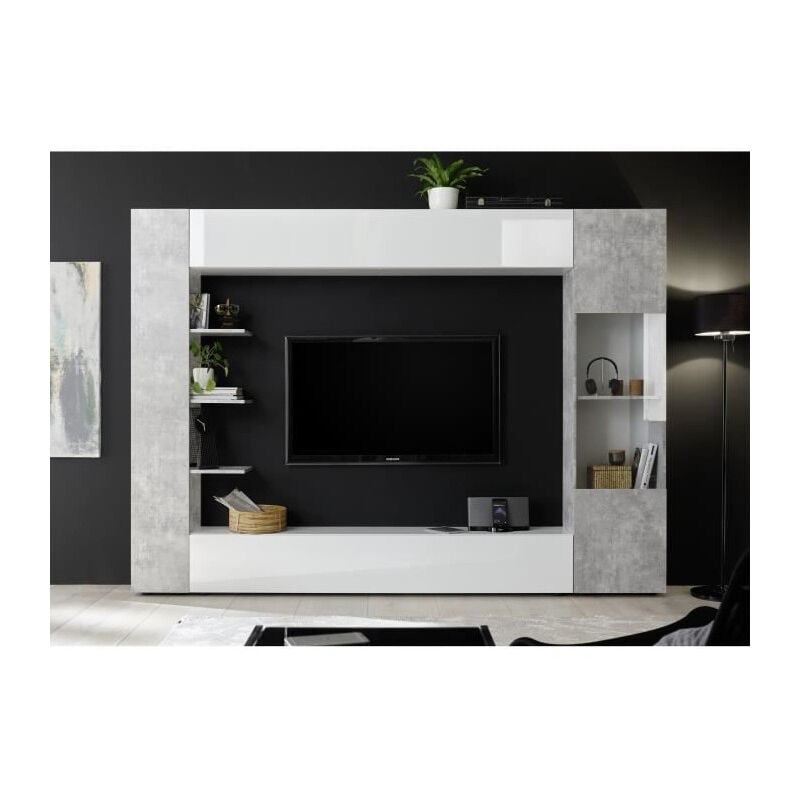 Les Tendances - sienna Composition murale tv - Laque blanc et beton - L295 x P30 x H187 cm