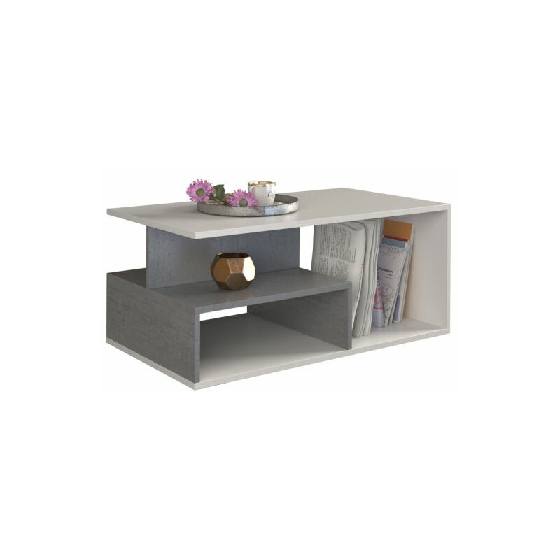 Hucoco - SIENNE - Table basse de salon - 90x51x43 - Table à café - Avec rangement - Finition blanc mat + Imitation béton - Béton/Blanc