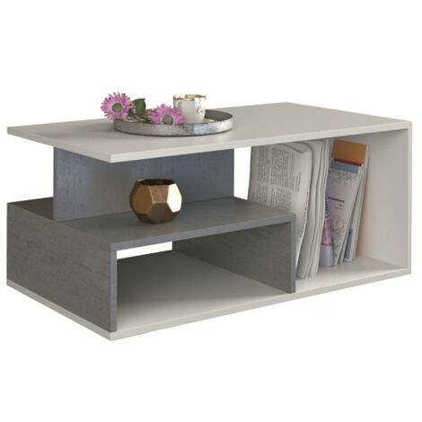 SIENNE - Table basse de salon - 90x51x43 - Table à café - Avec rangement - Finition blanc mat + Imitation béton