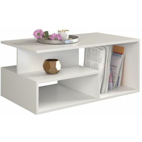 SIENNE - Table basse de salon bureau - 90x51x43 - Table à café - Rangement magazines télécommandes - Blanc