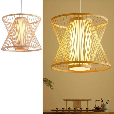 SIENTICE Lampe Suspendue en Osier "Hinata" – Style Oriental Fait à la Main avec Double Couvercle Floron et Câble Blanc, E27