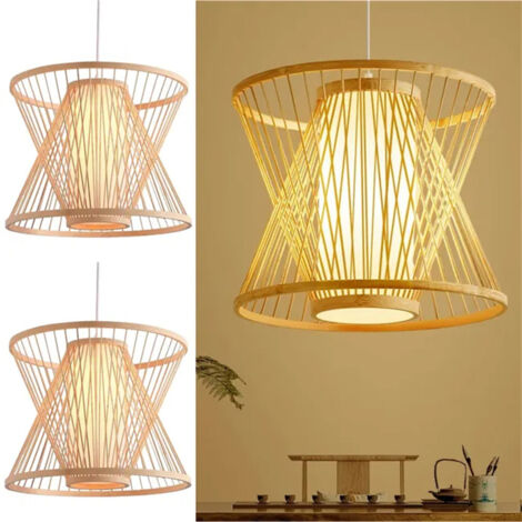 SIENTICE Lot de 2 Lampe Suspendue en Osier "Hinata" – Style Oriental Fait à la Main avec Double Couvercle Floron et Câble Blanc, E27