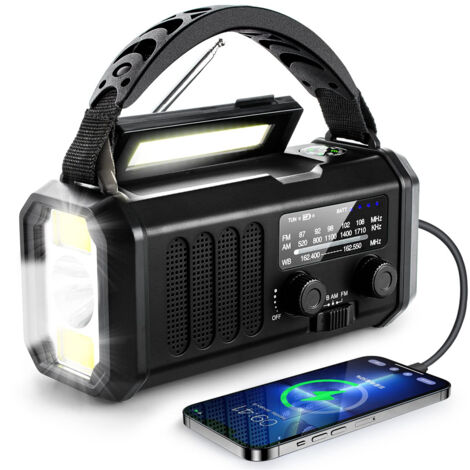 Sientice Radio météo d'urgence à manivelle 10000MAh avec radio AM/FM et alerte SOS à énergie solaire, boussole, chargeur de téléphone noir