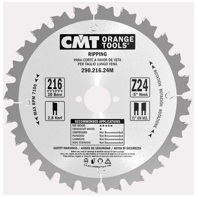 

Cmt Orange Tools - Sierra circular a favor de veta para máquinas portátiles - Diámetro: 190 - Eje: 30 - Dientes: 12