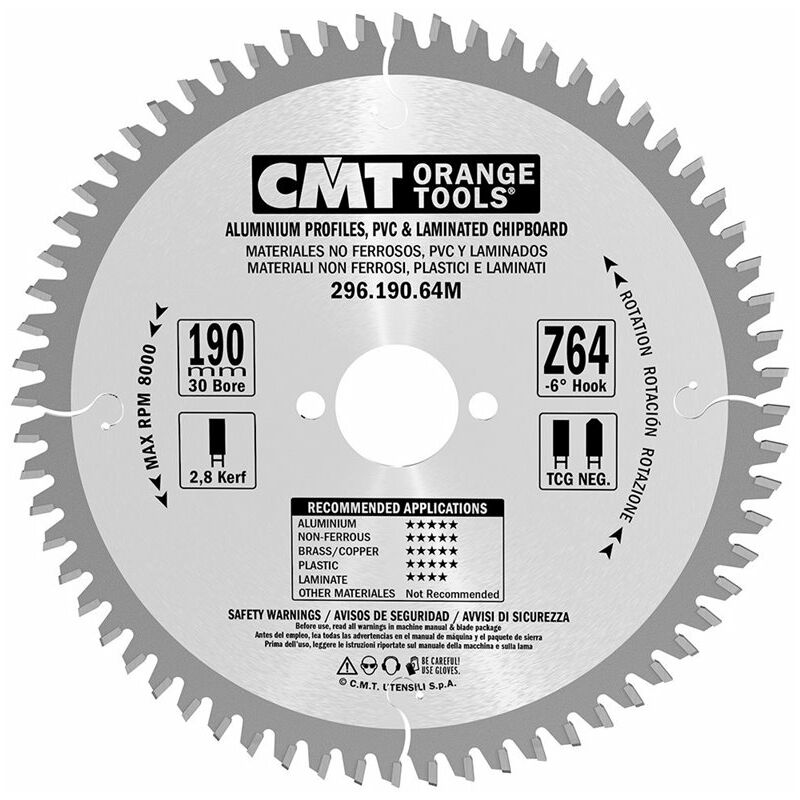 

CMT Orange Tools 296.190.64M - Sierra circular 190x2.8x30 z 64 tgc -6 grados