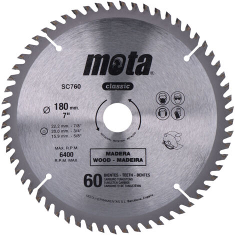Sierra circular widia, 180mm, 7-1/4, 60 dientes Mota Herramientas 39554