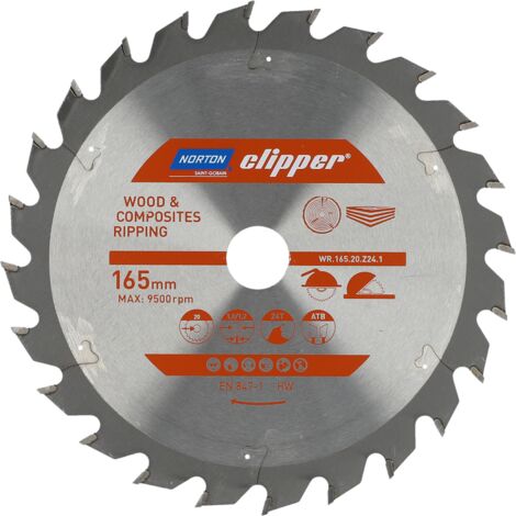 Sierra circular Norton, 165 mm x 20 mm x 24 pulgadas, para madera y materiales compuestos, ángulo alternado ATB (1.8 / 1.2), corte preciso, alta calidad, 24 dientes
