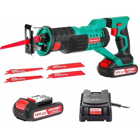 Sierra Sable Inalámbrica, Sierra de Sable HYCHIKA 18V, Sierra Alternativa de Batería, 2 Baterías 2.0Ah, Velocidad Variable de 0-2800 RPM, 4 Hojas de Sierra, Luz LED, Ideal para Cortar Madera y Metal