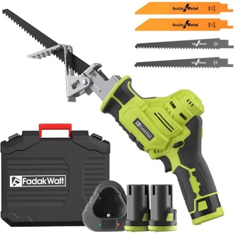 PULITUO Sierra Sable Inalámbrica,FADAKWALT 12V Sierra Alternativa con velocidad variable 0-2700RPM,Verde sierra recíproca kit,2 2.0Ah Batería& Luces LED,4 Hojas de Sierra Para Cortar Madera y Metal