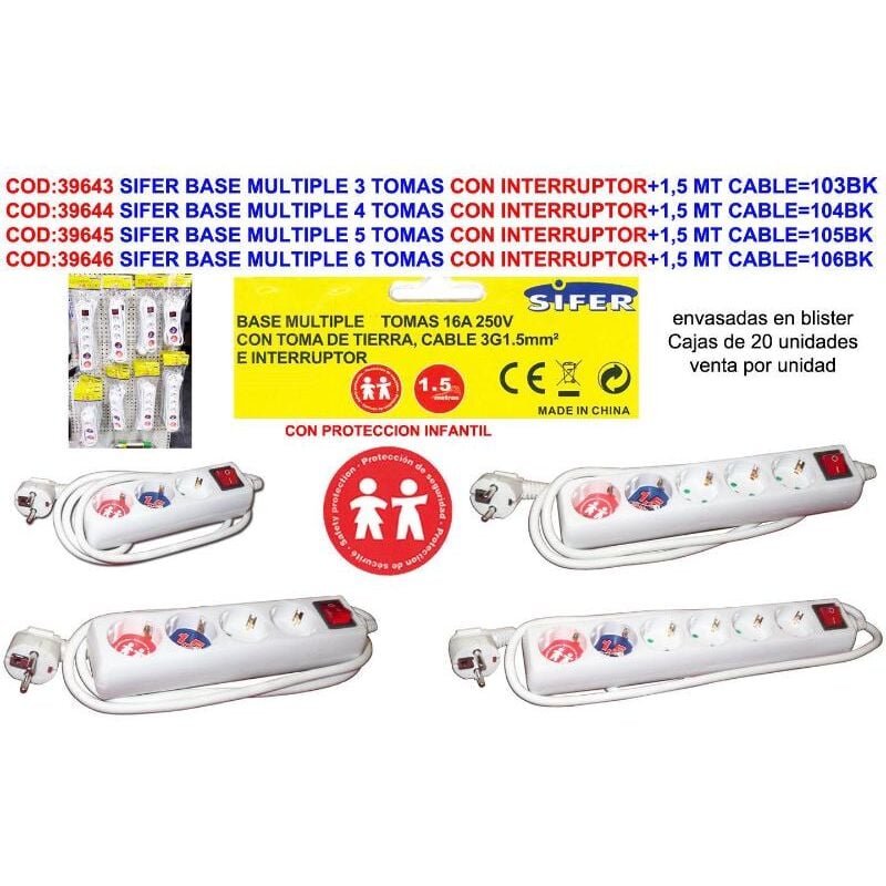 

sifer base multiple 5 tomas con interruptor+1,5 mt cable 105bk - Mibricotienda