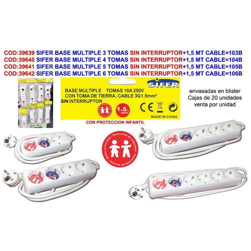 

sifer base multiple 5 tomas sin interruptor+1,5 mt cable 105b - Mibricotienda