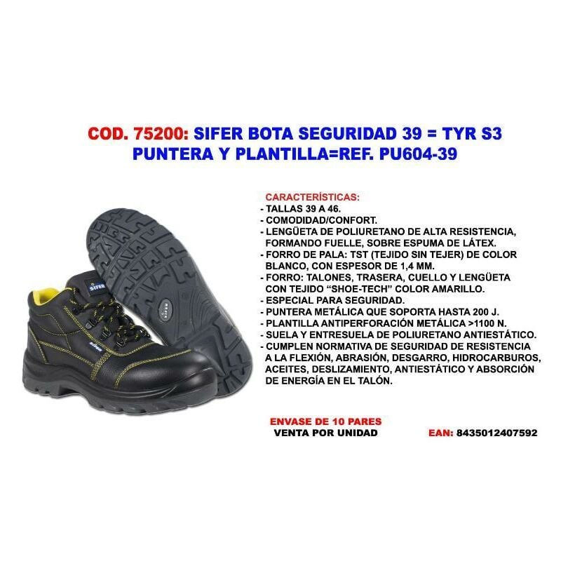 

sifer bota seguridad 39 tyr s3 puntera y plantilla pu604-39 - Mibricotienda