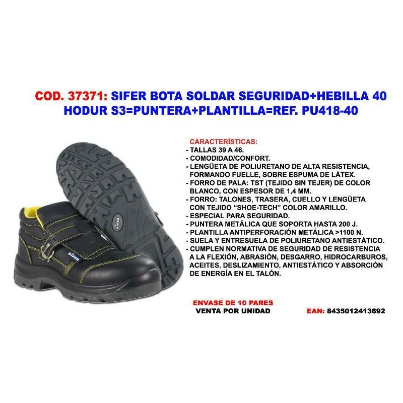 

sifer bota soldar seguridad+hebilla 40 hodur s3 punt+plant pu418 - Mibricotienda