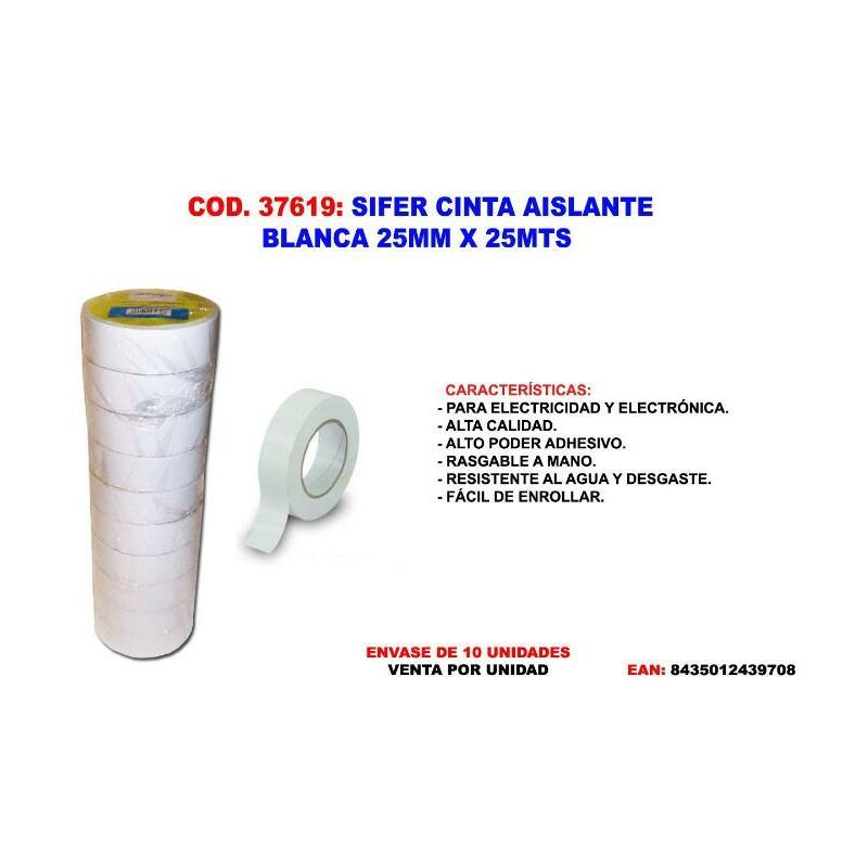 

sifer cinta aislante 25 mt x 25mm blanca rollo ca25b - Mibricotienda