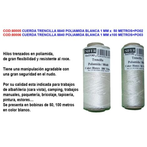 SIFER Cuerda Trencilla 8840 Poliamida Blanca 1mm x 50 m Albañil PO02