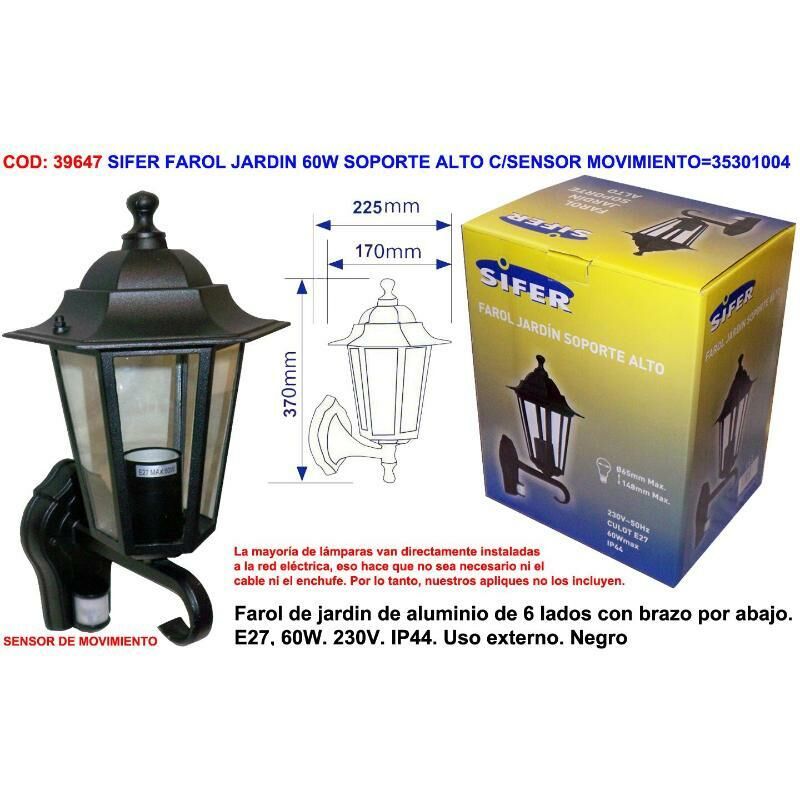 

MIBRICOTIENDA sifer farol jardin 60w soporte alto c-sensor movimiento 35301004