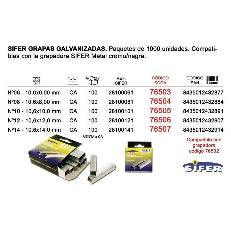 

sifer grapas galvanizadas nº10 10.6x10 mm caja 1000un 28100101 - Mibricotienda