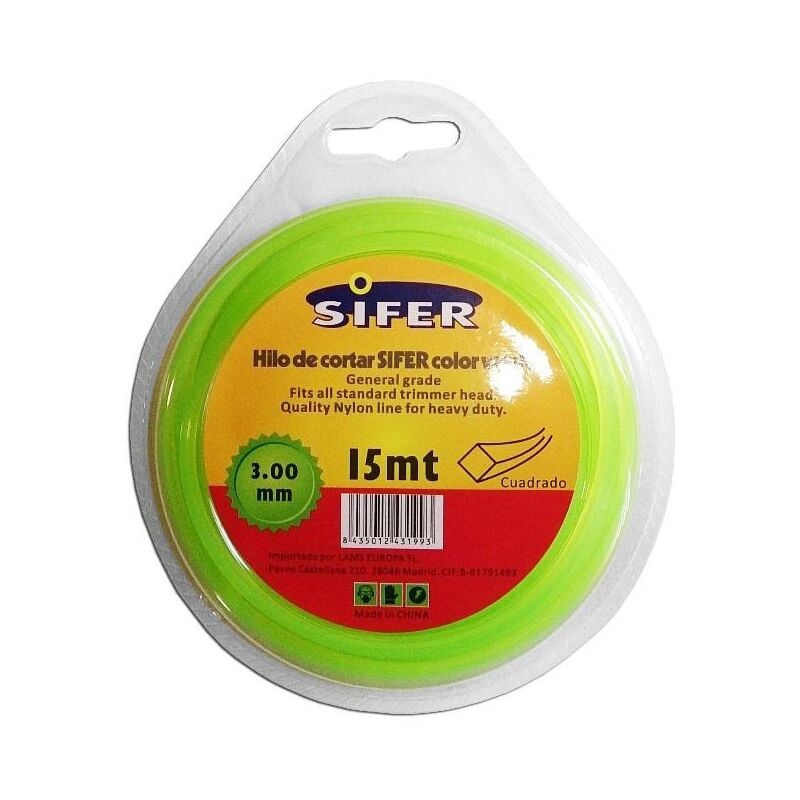 

sifer hilo desbrozadora verde cuadrado 3.00 mmx 15 mt 48222070 - Mibricotienda