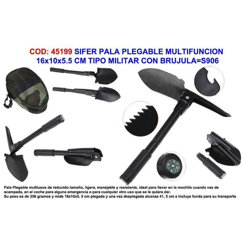 

sifer pala plegable multifuncion 16x10x5.5 cm+brujula s906 - Mibricotienda