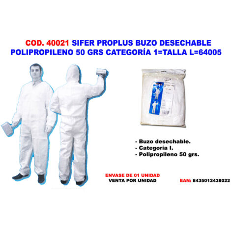 SIFER sifer traje buzo desechable polip.50gr categoria 1 talla l