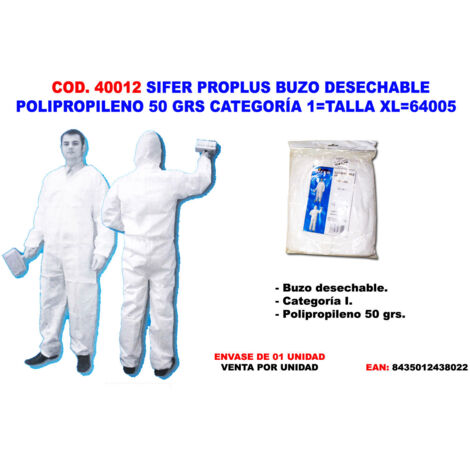 SIFER sifer traje buzo desechable polip.50gr categoria 1 talla xl