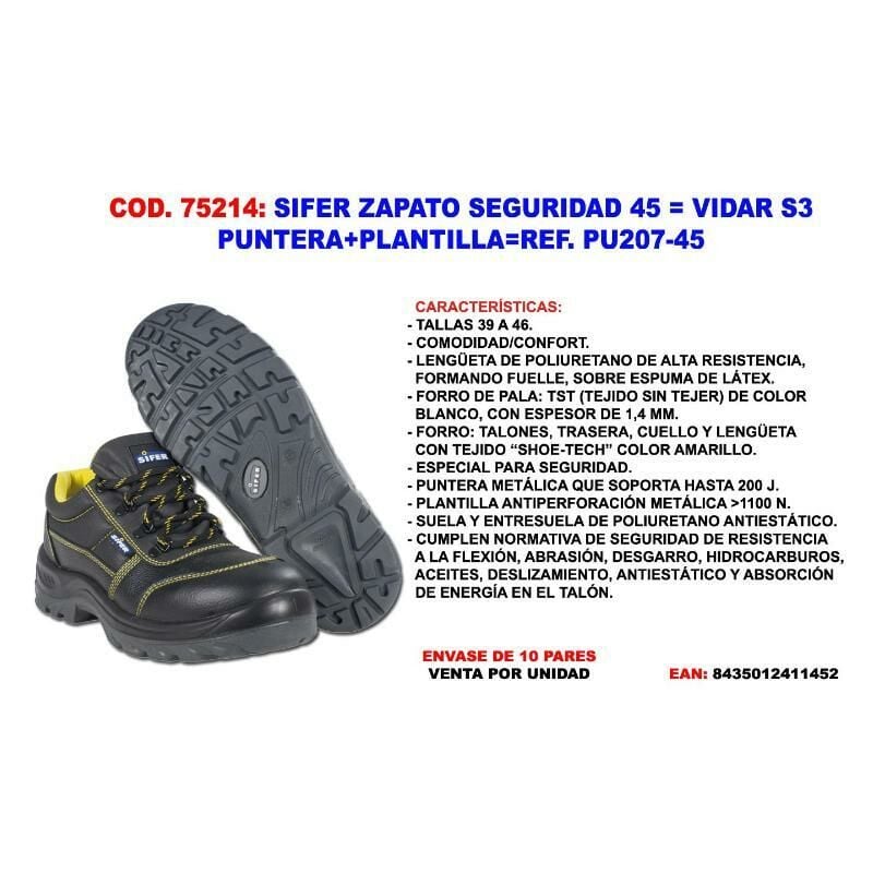 

sifer zapato seguridad 45 vidar s3 puntera+plantilla pu207-45 - Mibricotienda