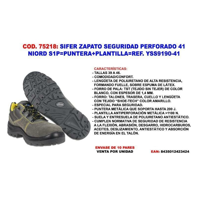 

sifer zapato seguridad perfor.41 niord s1p punt.+plant. yss9190 - Mibricotienda
