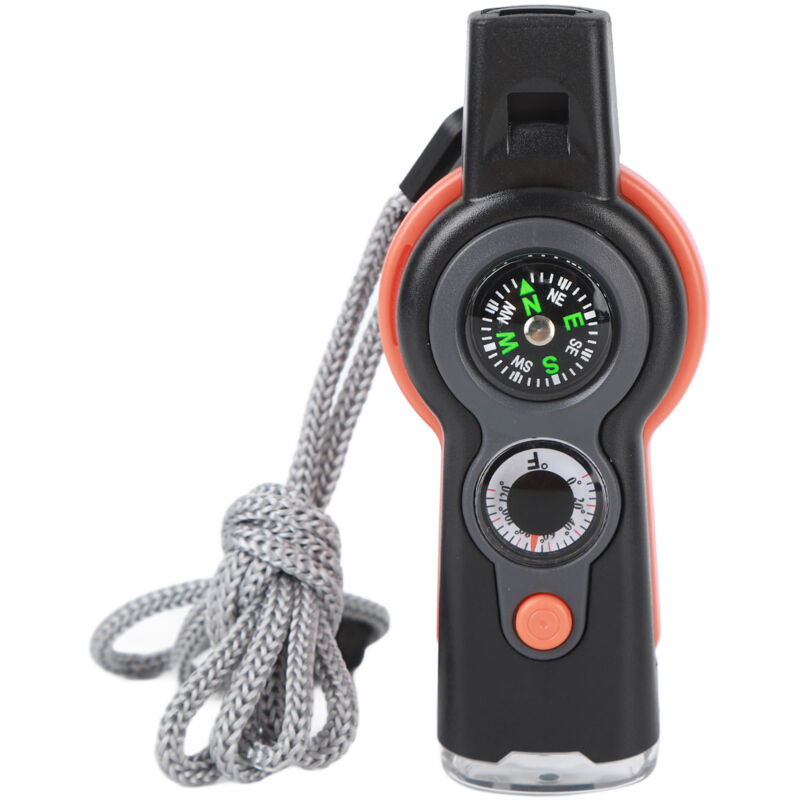 Sifflet de survie multifonction 7 en 1 avec boussole, thermomètre et lampe LED pour randonnée et escalade, couleur orange.