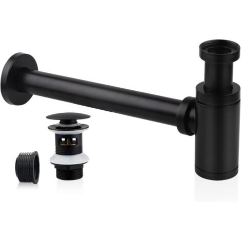 Sifón universal para lavabo de acero inoxidable negro – Tubo de 32 mm (1¼") – Longitud ajustable de 330 mm – Tapón de desagüe incluido