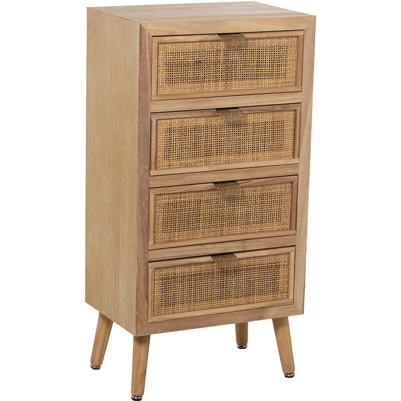 Sifonier en Bois avec 5 Tiroirs Rotin Naturel, Pin+Dm 45X30X89 Cm, Hauteur Pied : 16 Cm