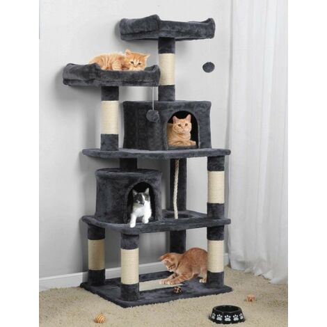 Sifree – Arbre à chat griffoir 145cm avec 2 niches – Grattoir géant 5 niveaux – Panneaux en fibres de bois non toxiques – Accessoires inclus