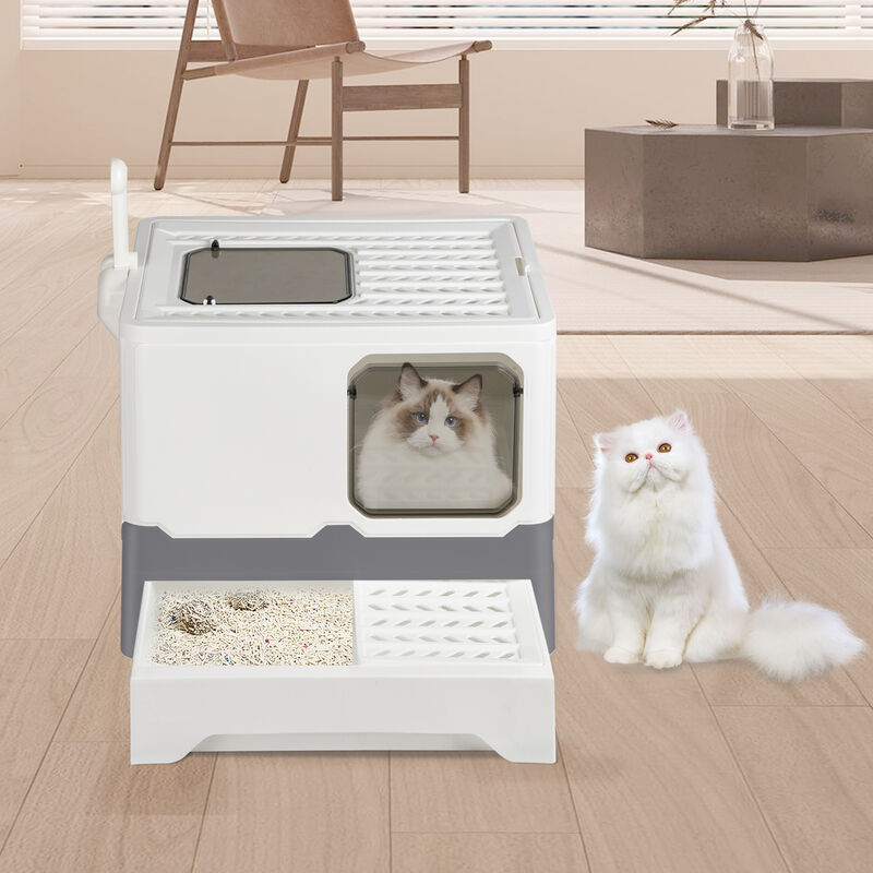 Bac à litière pour chat avec tiroir avec pelle à litière 45x35x38 cm Litière et bac à litière Bac et maison de toilette pour chat blanc - Sifree