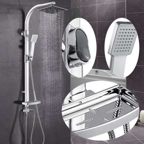 Sifree – Colonne de douche carrée avec douchette à main – Système de douche à tête carrée – Finition chrome – Porte-savon intégré – Tuyau flexible 150 cm
