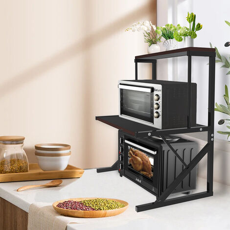 Sifree – Support de rangement pour four à micro-ondes 2 niveaux – Tuyau galvanisé et MDF – Dimensions 65x54x30cm – Design industriel noir