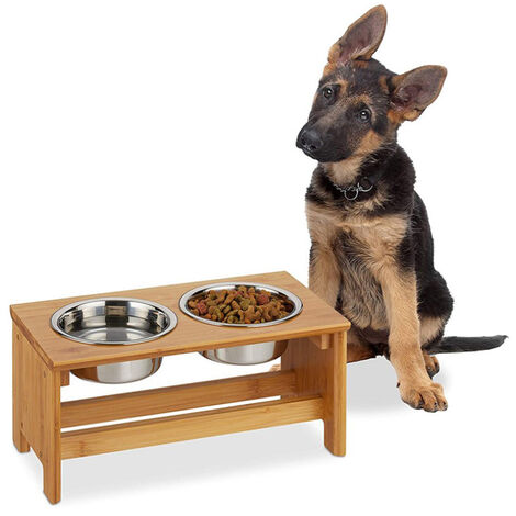 SiFree® Gamelle pour chiens et chats, avec Support en Bambou, station d'alimentation, 2 bols en acier inoxydable, support de bol alimentaire