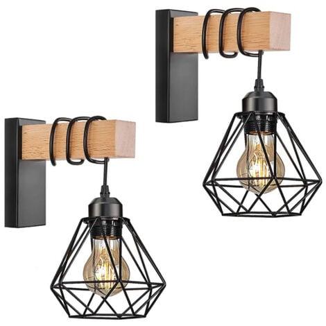SiFree® Lot de 2 Applique Murale Intérieur Vintage Industrielle Lampe Murale E27 Luminaire Abat-jour en Métal avec Support en Bois pour Salon Couloir Bar 16  19 cm
