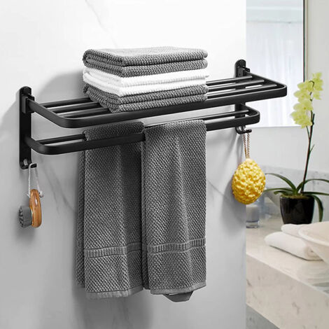 Sifree – Porte-serviette mural pliable en aluminium noir mat – Double couche 60x21x17 cm – Résistant à la corrosion – Installation facile incluse - 602117CMpour