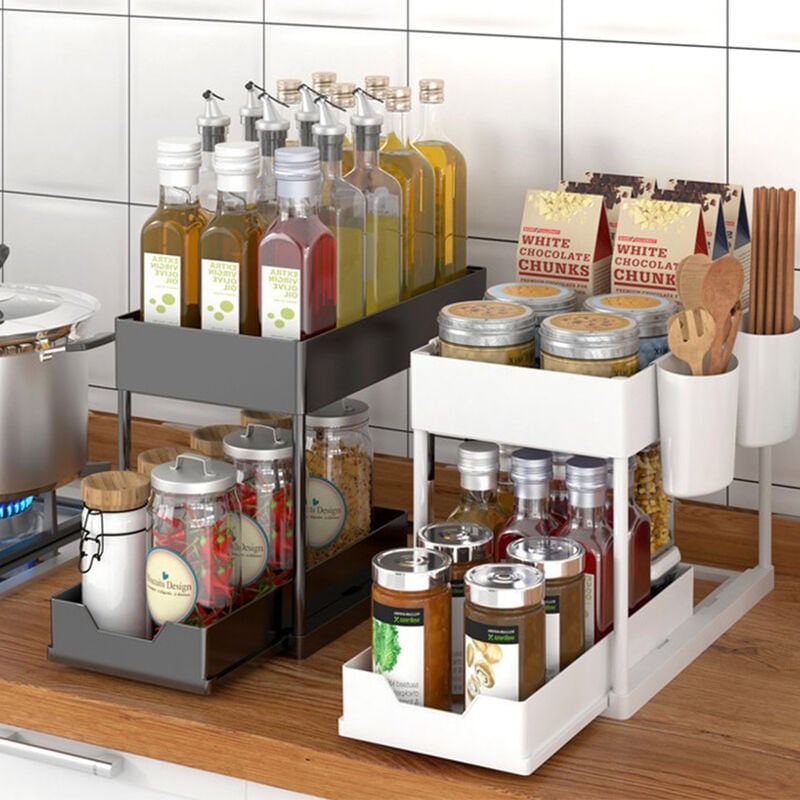 Etagere de Rangement sous Evier Rack avec tiroir coulissant pour Cuisine et Salle de Bain-2 Niveaux-ABS Support de Rangement Organiseur Porte-épices