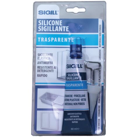 SIGILL, Silicone Sigillante con Chiavetta Stringi Tubetto e Beccuccio Dosatore, Resistente alle Muffe e ai Detergenti, Rapido, Elastico e Forte, Colore Trasparente, Tubetto da 60 ml