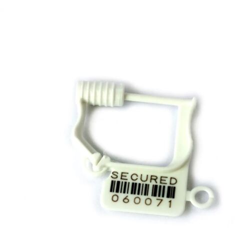 Sigilli di sicurezza a lucchetto con chiusura plastica/metallo e numero seriale (bianchi) - Numero Pezzi: 100 Sigilli - Modello: Chiusura in plastica