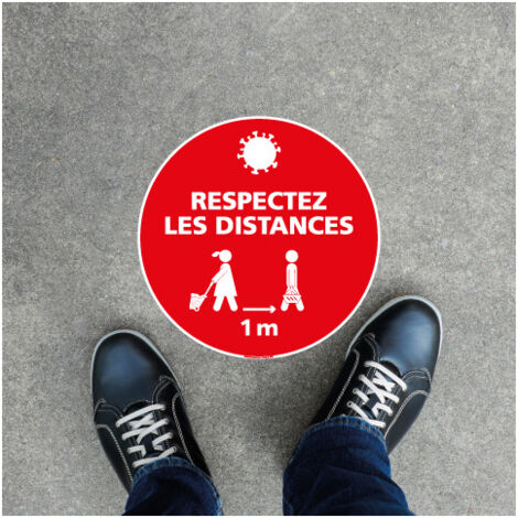 SIGNALETIQUE AU SOL COMMERCES COVID 19 - GESTES BARRIERES CORONAVIRUS - DISTANCES DE SECURITE - Distance de 1m - Diamètre 250 mm