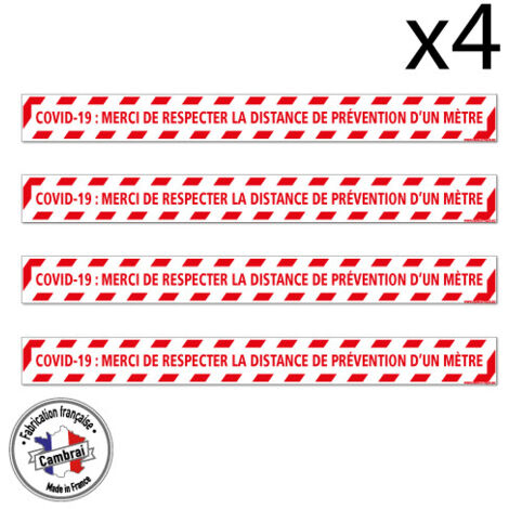 SIGNALETIQUE AU SOL CORONAVIRUS . SIGNALETIQUE AU SOL COVID.19 . LOT DE 4 BANDES MERCI DE RESPECTER LA DISTANCE DE PREVENTION. Distance de 2m .  - Distance de 2m