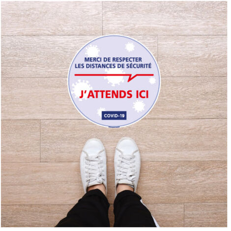 SIGNALETIQUE SOL COVID 19 ADHESIVES SPECIAL CORONAVIRUS - RESPECTER LES DISTANCES DE SECURITE (O0155) - Diamètre 250 mm